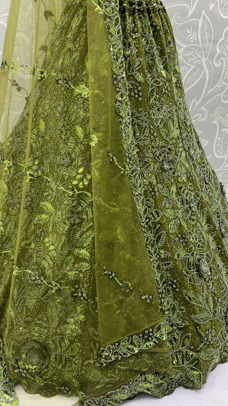 Olive Green Pure Soft Net Heavy Embroidery Work Bridal Lehenga