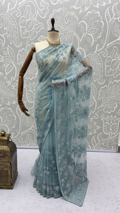 Sky Pure Premium Net Handwork Kasti &amp; Motif Zari Metallic Sequins Work Wedding Saree