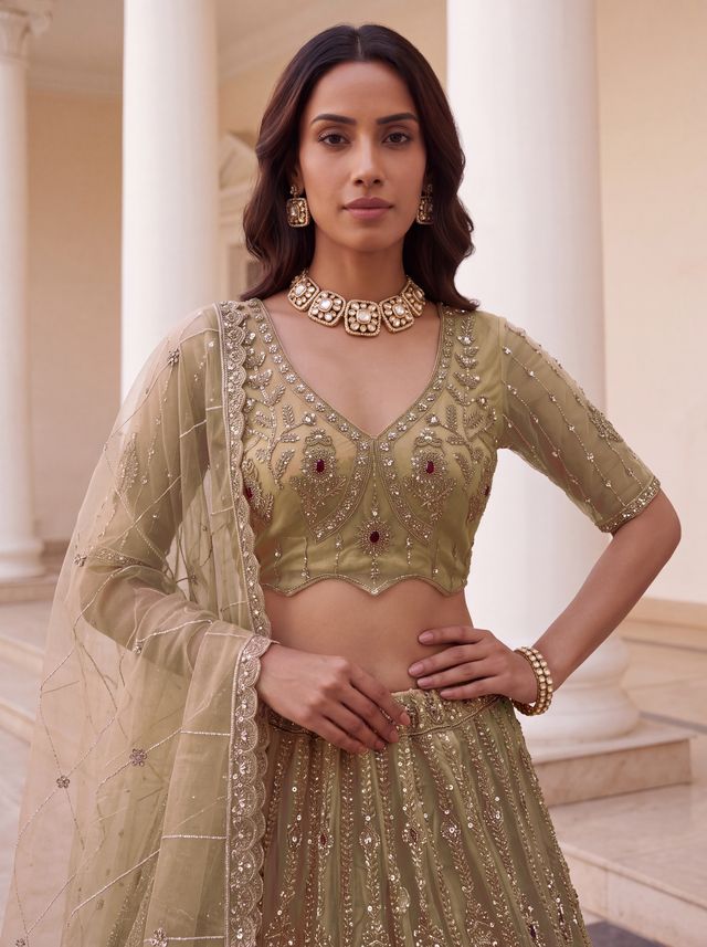 Chicku Pure  Fendi Tussaud Silk Crystal Beads work Multi Thread Dori and Sequins Work Sequins Work Bridal Lehenga Choli