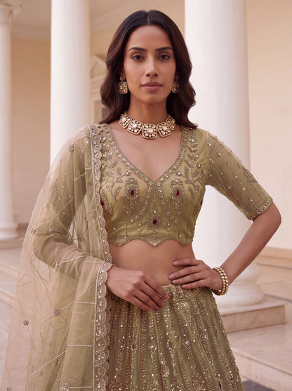 Chicku Pure  Fendi Tussaud Silk Crystal Beads work Multi Thread Dori and Sequins Work Sequins Work Bridal Lehenga Choli