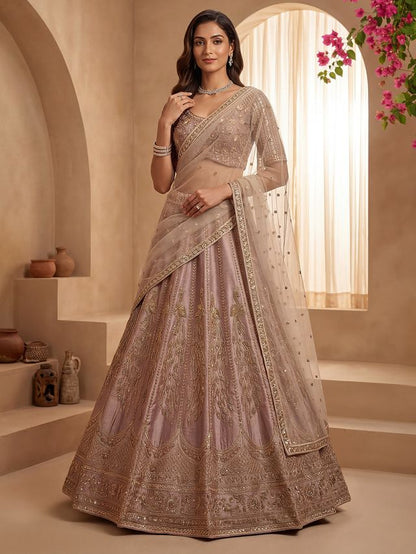 Powder Pink Pure Soft Heavy Net Sequins Embroidery Work Bridal Lehenga Choli 