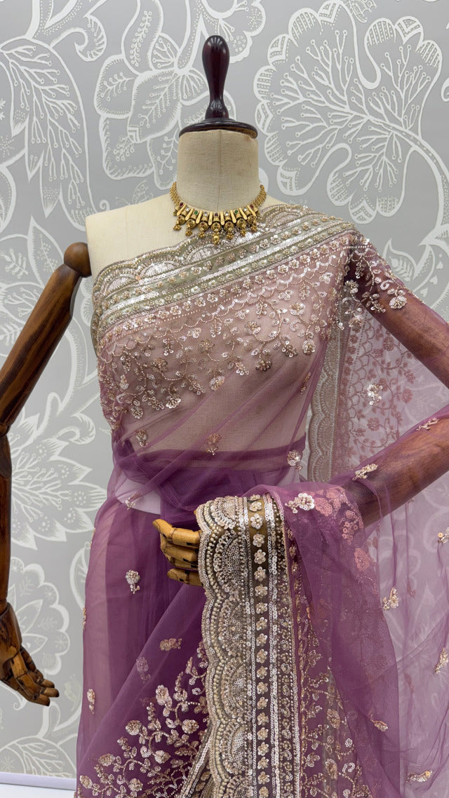 Purple Pure Premium Net Handwork Kasti &amp; Motif Zari Metallic Sequins Work Wedding Saree