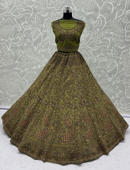 Pista Pure Soft Heavy Net Sequins Embroidery Work Bridal Lehenga 