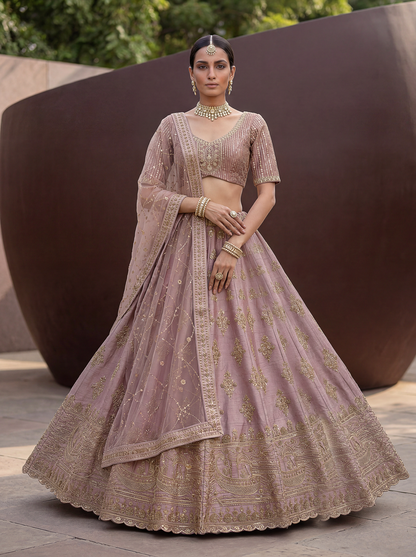 Powder Pink Pure Soft Heavy Silk Sequins Embroidery Work Bridal Lehenga 