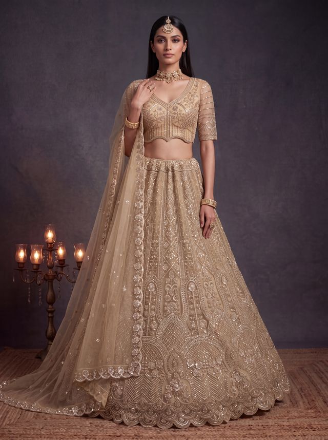 Chiku Pure Heavy Net Motif Handwork Zari Sequins Work Bridal Lehenga Choli