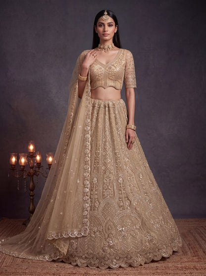 Chiku Pure Heavy Net Motif Handwork Zari Sequins Work Bridal Lehenga Choli