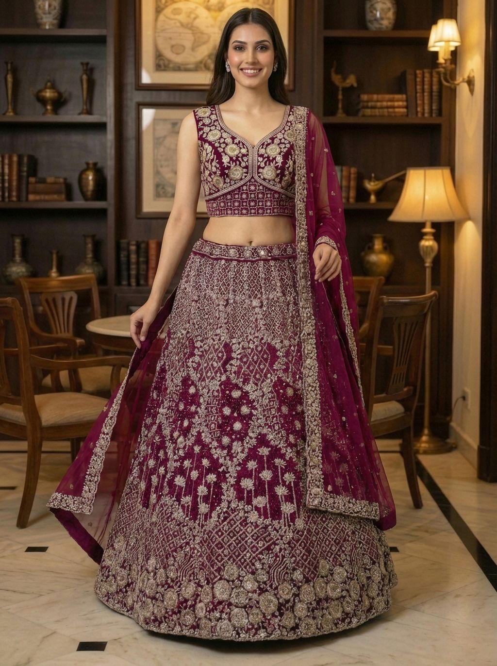 Raspberry Pure Soft Net Heavy Embroidery Work Bridal Lehenga