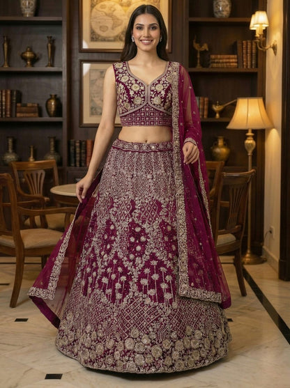 Raspberry Pure Soft Net Heavy Embroidery Work Bridal Lehenga