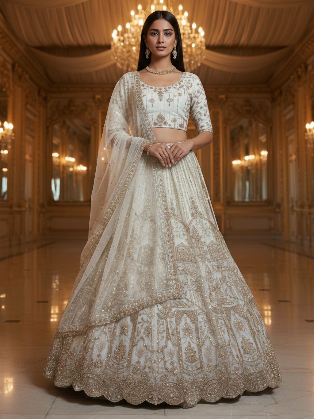 White Pure Soft Net Heavy Embroidery Work Bridal Lehenga