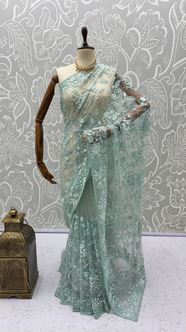 Sea Green Pure Premium Net Handwork Kasti &amp; Motif Zari Metallic Sequins Work Wedding Saree