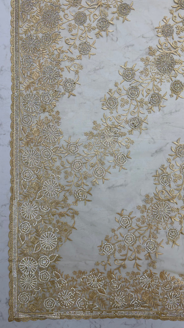Gold Pure Premium Net Handwork Kasti &amp; Motif Zari Metallic Sequins Work Wedding Saree