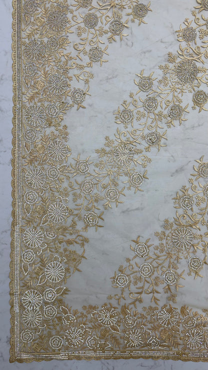 Gold Pure Premium Net Handwork Kasti &amp; Motif Zari Metallic Sequins Work Wedding Saree
