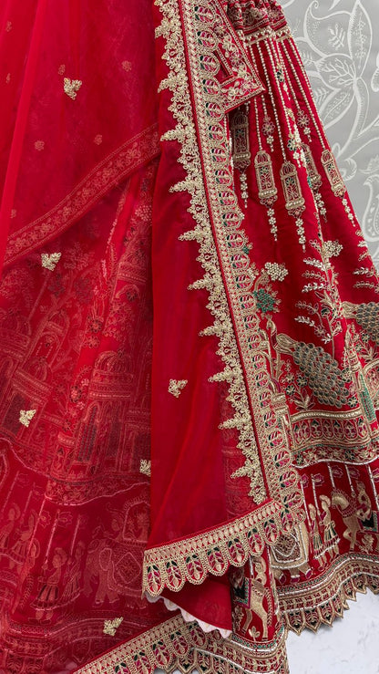 Red Pure Soft Silk Heavy Embroidery Work Bridal Lehenga