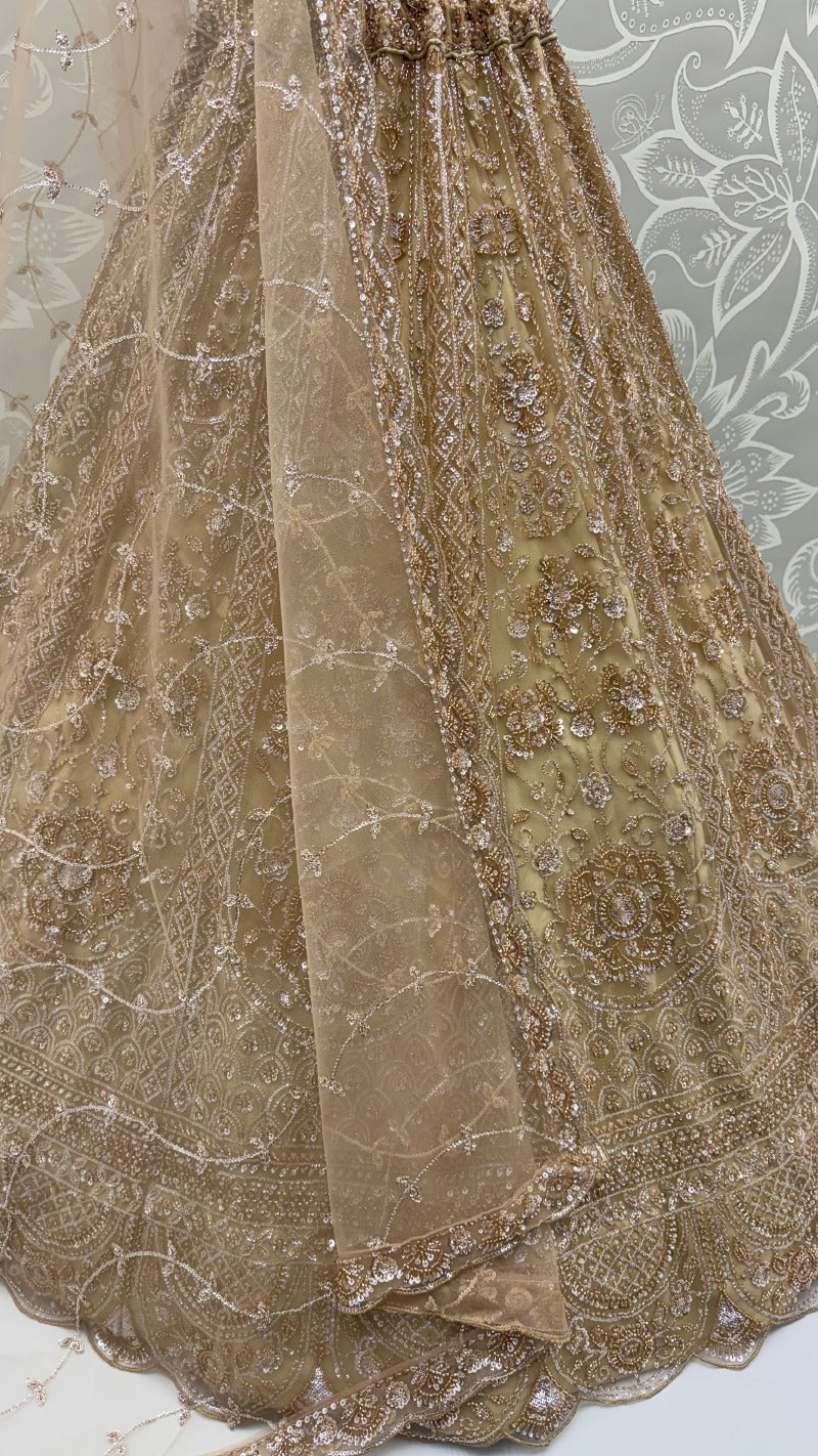 Golden Pure Heavy Net Motif Handwork Zari Sequins Work Bridal Lehenga Choli
