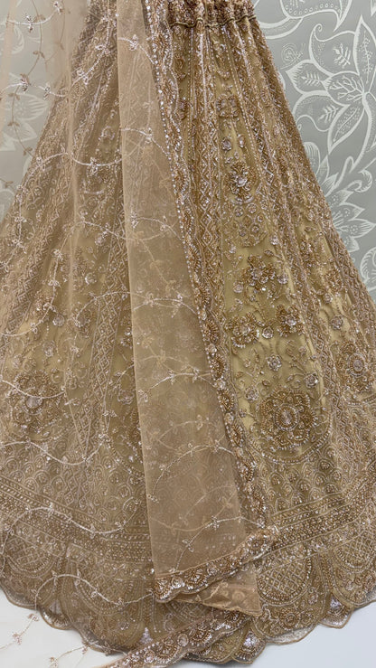 Golden Pure Heavy Net Motif Handwork Zari Sequins Work Bridal Lehenga Choli