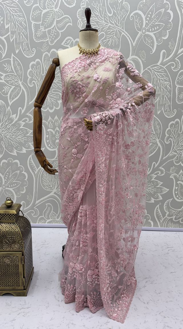 Pink Pure Premium Net Handwork Kasti &amp; Motif Zari Metallic Sequins Work Wedding Saree
