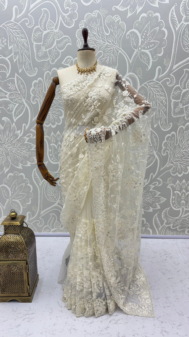 White Pure Premium Net Handwork Kasti &amp; Motif Zari Metallic Sequins Work Wedding Saree