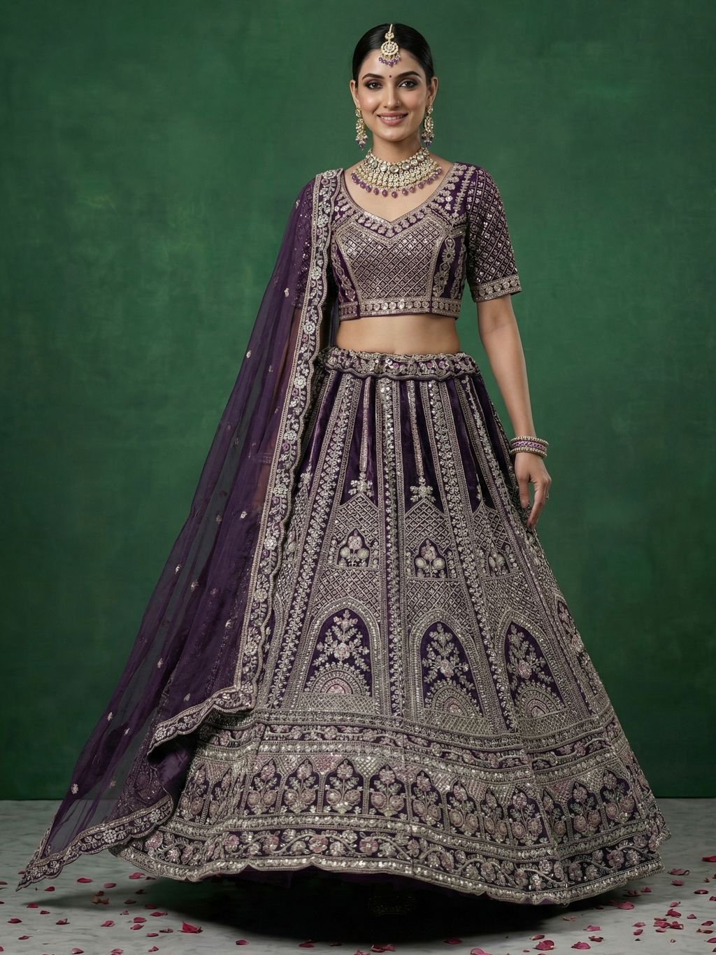 Purple Pure Soft Satin Silk Heavy Embroidery Work Bridal Lehenga
