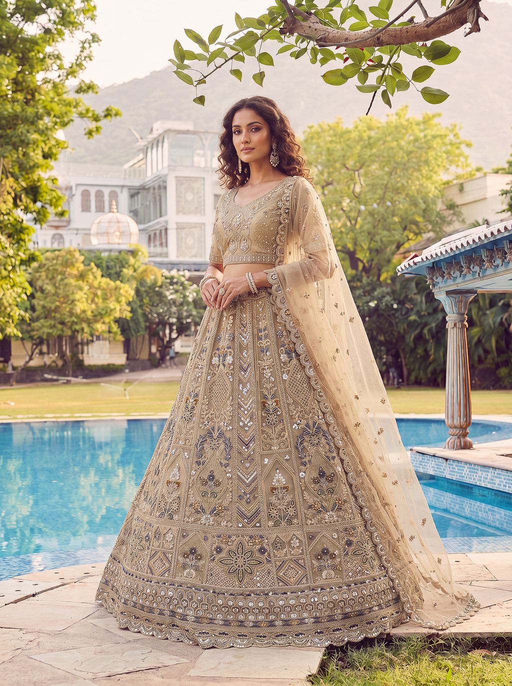 Golden Pure Soft Heavy Net Fancy Embroidery Work Bridal Lehenga Choli