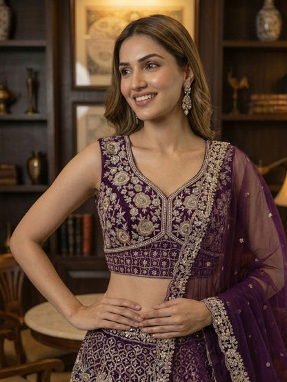 Indigo Pure Soft Net Heavy Embroidery Work Bridal Lehenga