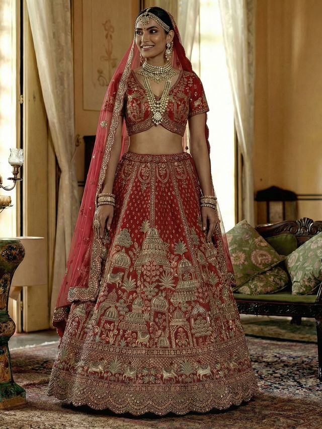 Red Pure Soft Net Heavy Embroidery Work Bridal Lehenga