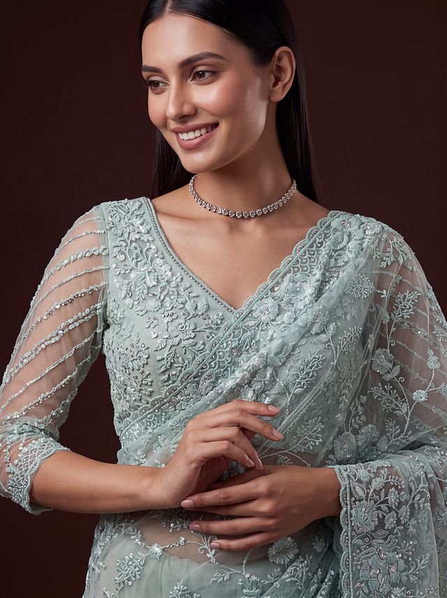 Sea Green Pure Premium Net Handwork Kasti &amp; Motif Zari Metallic Sequins Work Wedding Saree