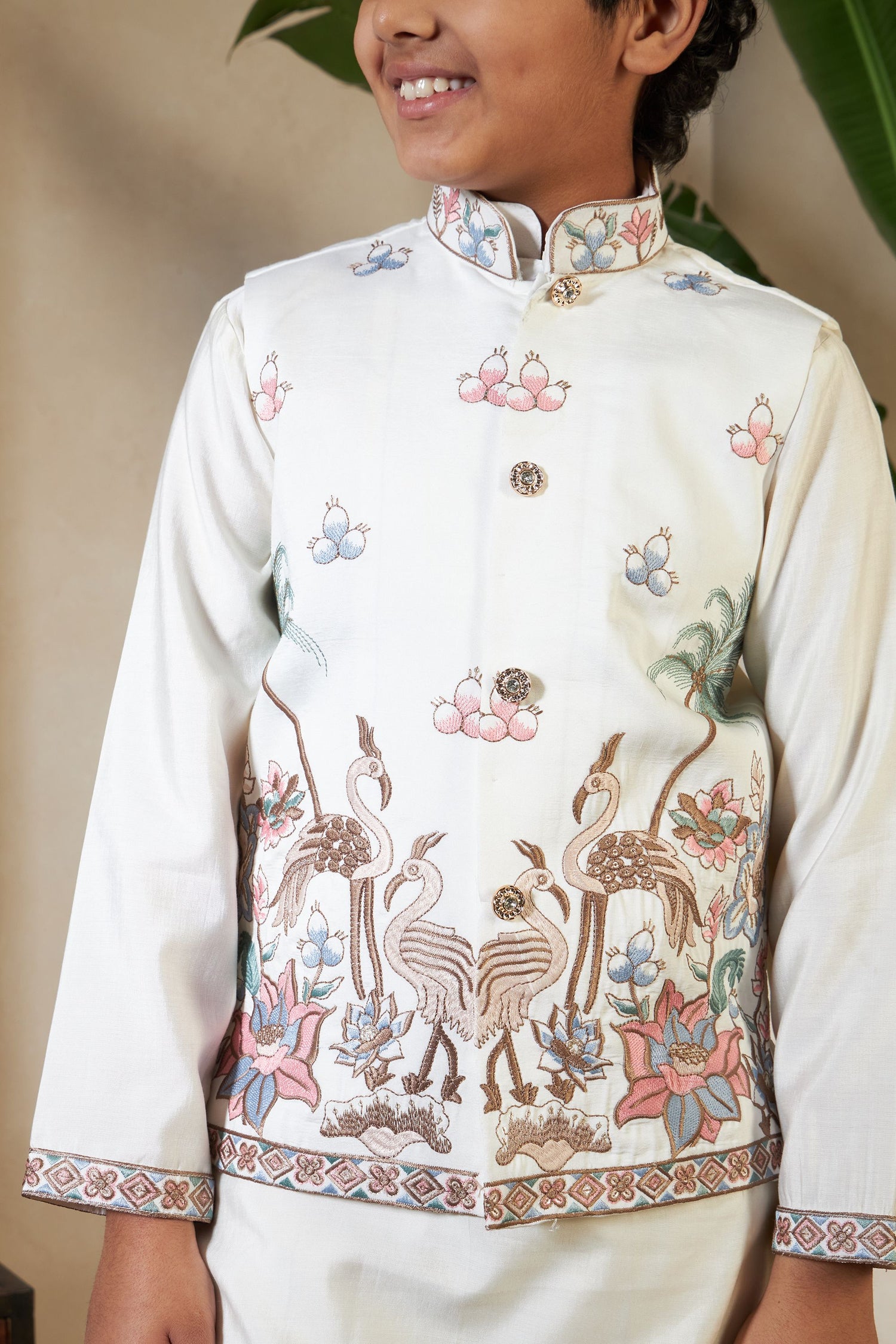 White Pure Viscose Silk Silk Kids Boy Kurta Pajama With Koti Jacket 