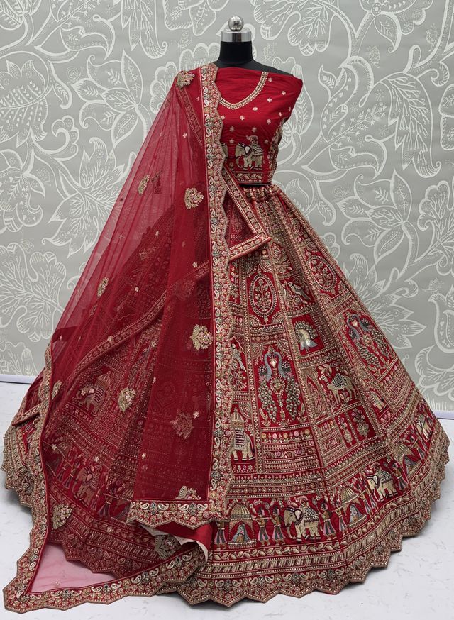 Red Pure Soft Gadwal Silk Heavy Embroidery Work Bridal Lehenga 