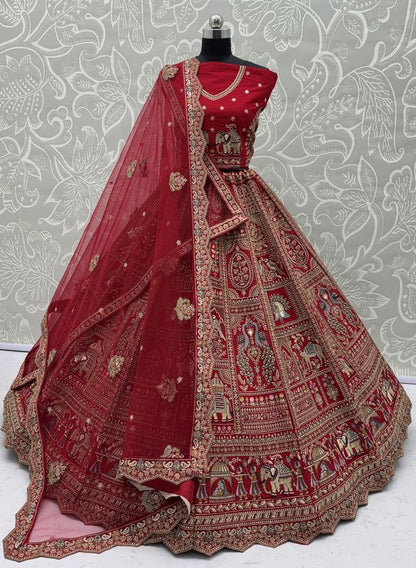 Red Pure Soft Gadwal Silk Heavy Embroidery Work Bridal Lehenga 