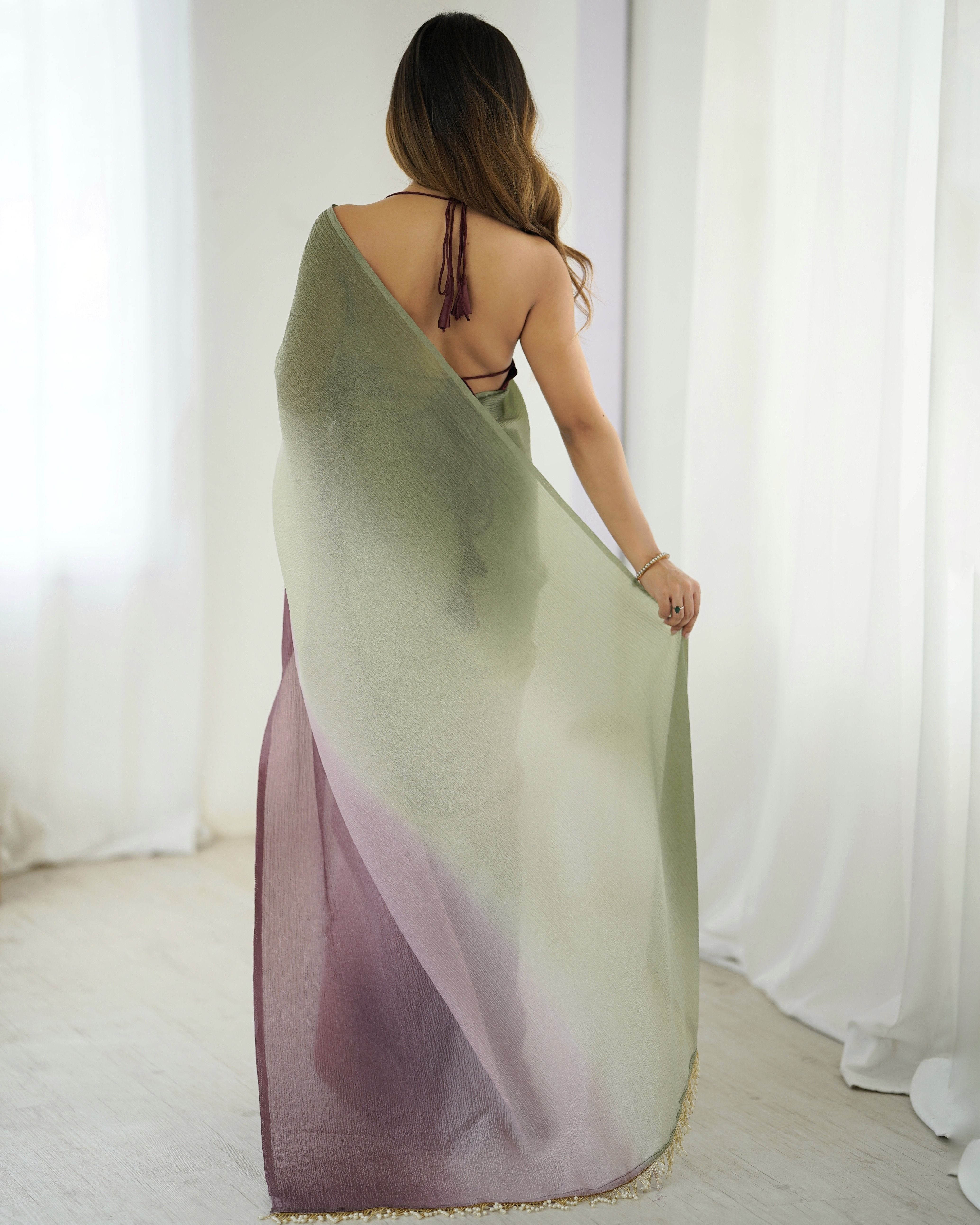 Green shaded Pure Soft Candy Crush Silk Ready to Wear Saree ##color## Ready to Wear Saree with premium fabric and embroidery