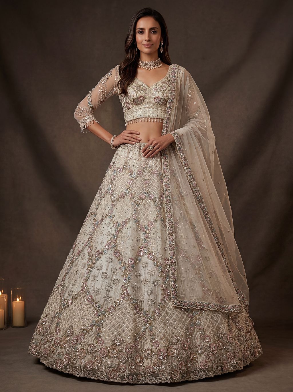 White Pure Soft Heavy Double Net Crafted Fancy Chapat Zari Work Bridal Lehenga Choli