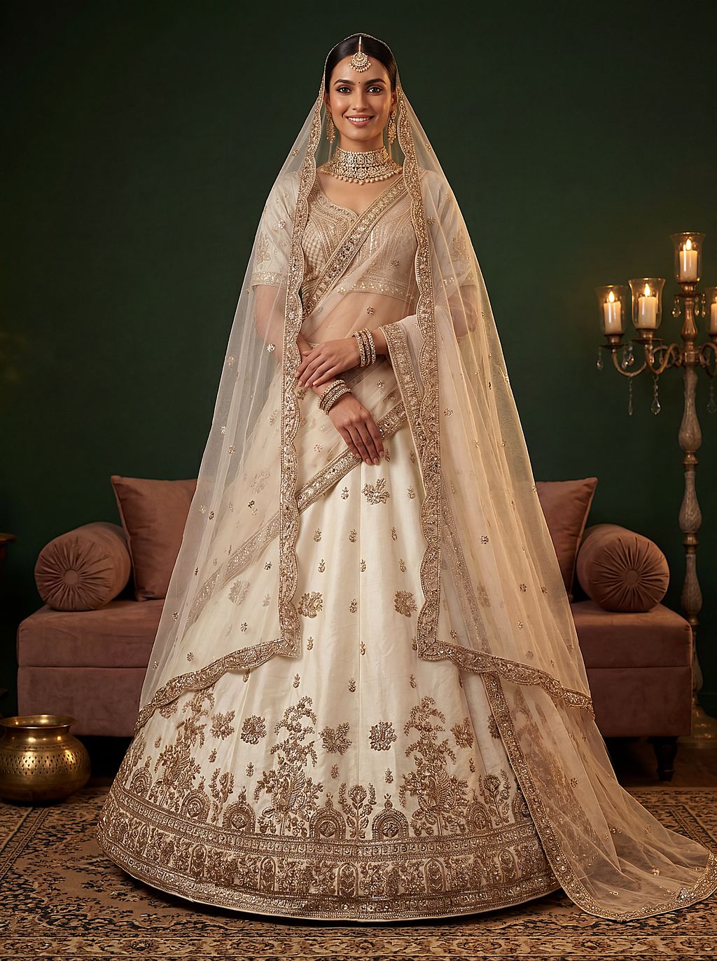 Off White Pure Soft Gadwal Silk Heavy Embroidery Work Bridal Lehenga Choli 