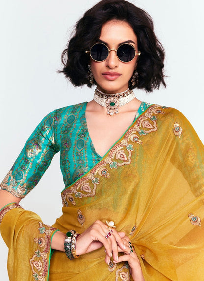 Yellow Pure Soft Fancy Febric Party Wear Premium Saree