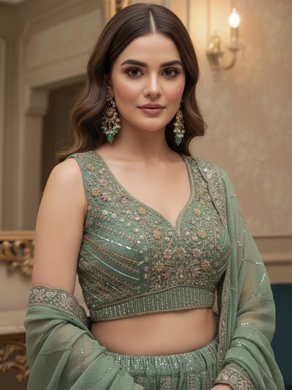 Pista Pure Soft Gadhwal Silk Heavy Embroidery Work Bridal Lehenga