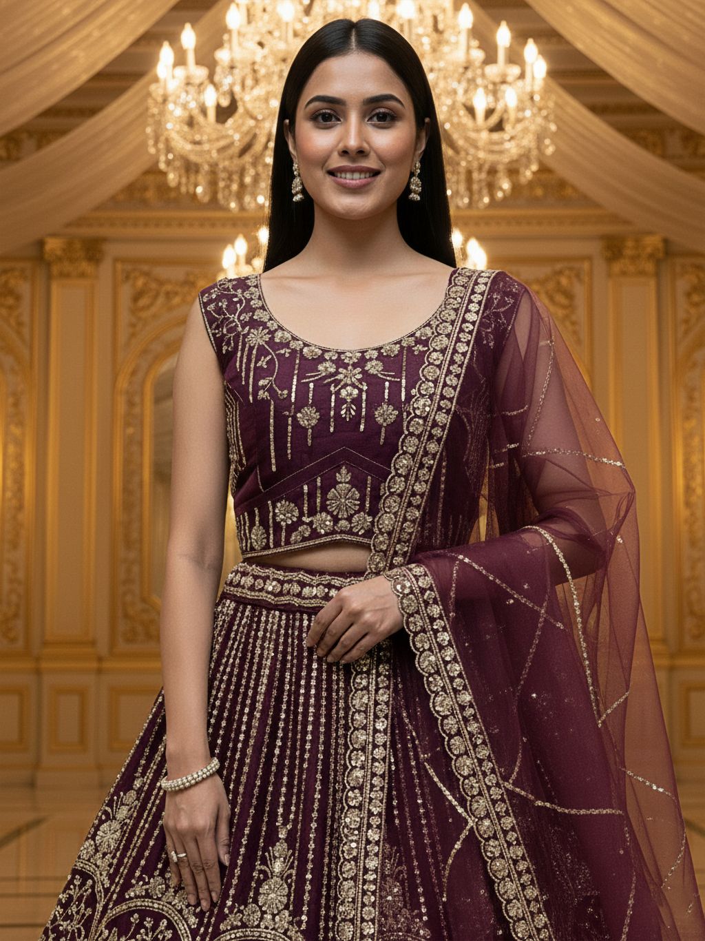 Merlot Pure Soft Net Heavy Embroidery Work Bridal Lehenga