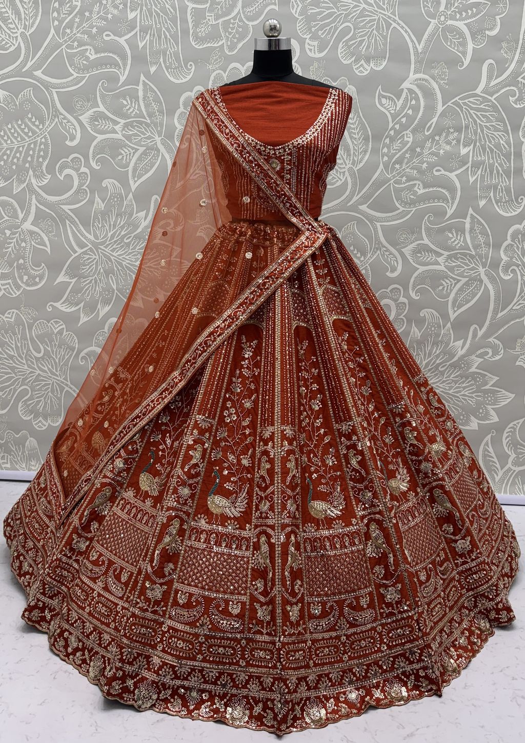 Orange Pure Soft Silk Heavy Embroidery Work Bridal Lehenga 