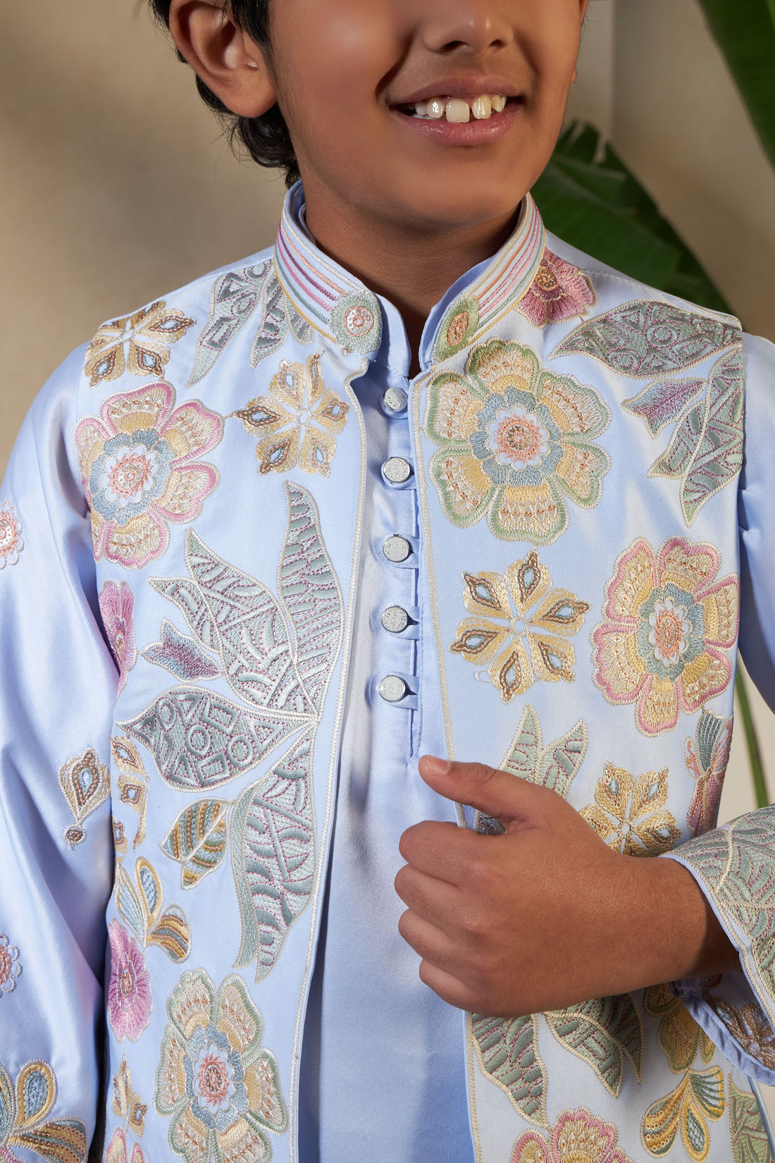 Sky Pure Satin Silk Kids Boy Kurta Pajama With Koti Jacket 