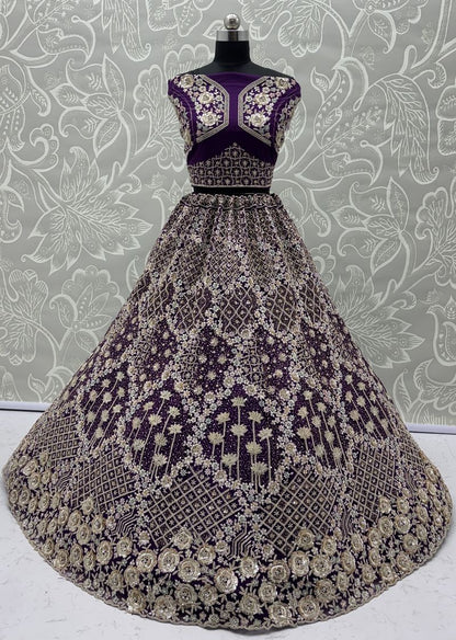 Indigo Pure Soft Net Heavy Embroidery Work Bridal Lehenga