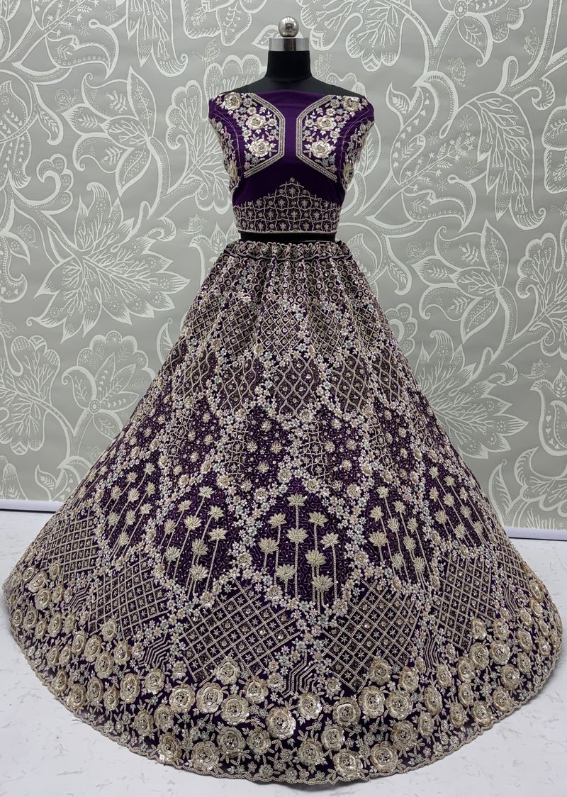 Indigo Pure Soft Net Heavy Embroidery Work Bridal Lehenga