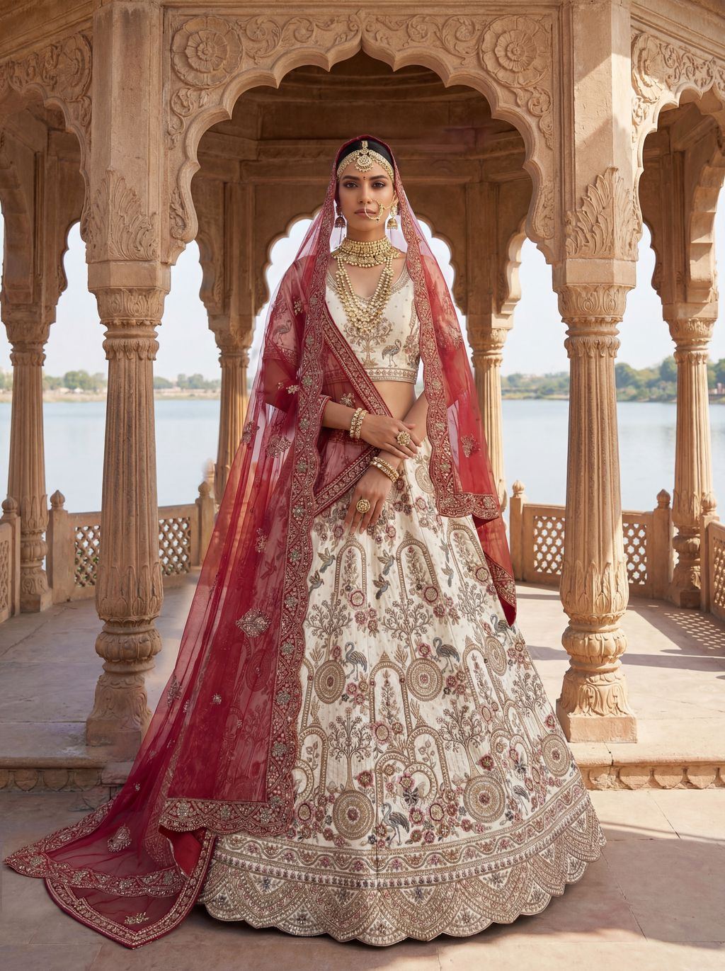 Off White Pure Soft Silk Heavy Embroidery Work Bridal Lehenga 