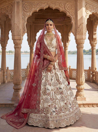 Off White Pure Soft Silk Heavy Embroidery Work Bridal Lehenga 