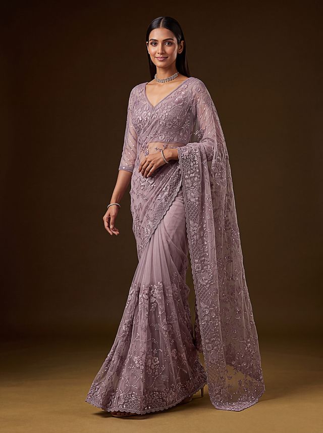 Lavender Pure Premium Net Handwork Kasti &amp; Motif Zari Metallic Sequins Work Wedding Saree