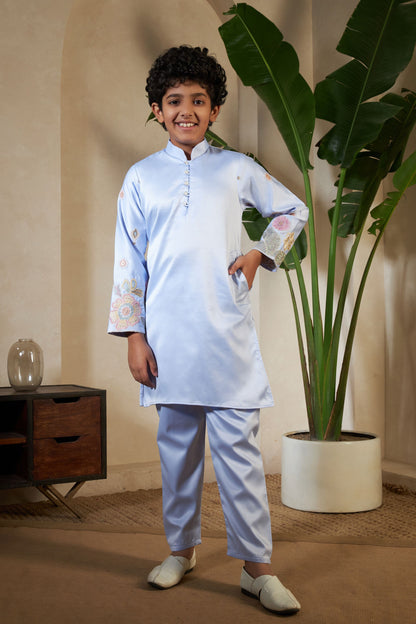 Sky Pure Satin Silk Kids Boy Kurta Pajama With Koti Jacket 