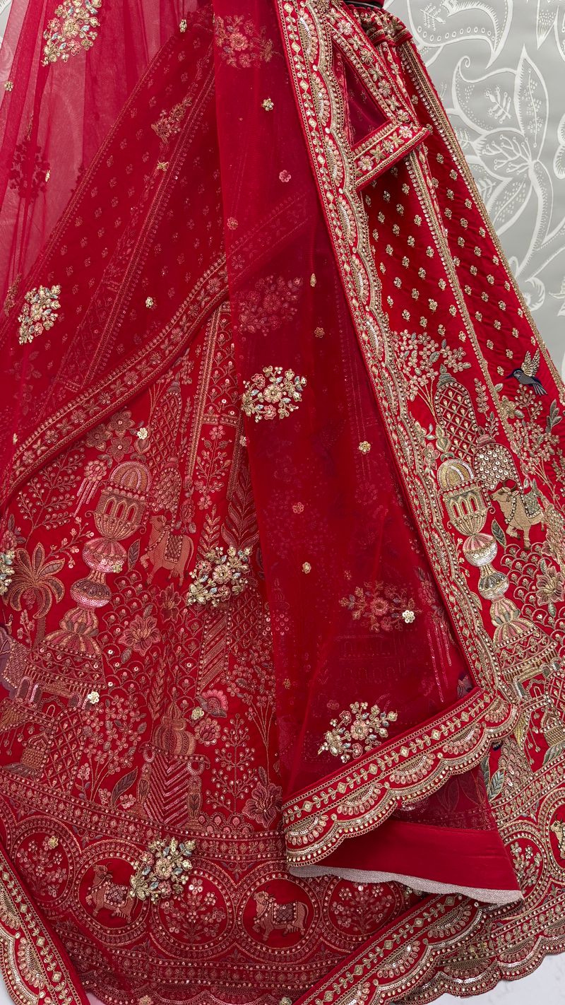 Red Pure Soft Gadwal Silk Heavy Embroidery Work Bridal Lehenga 