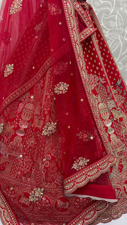 Red Pure Soft Gadwal Silk Heavy Embroidery Work Bridal Lehenga 