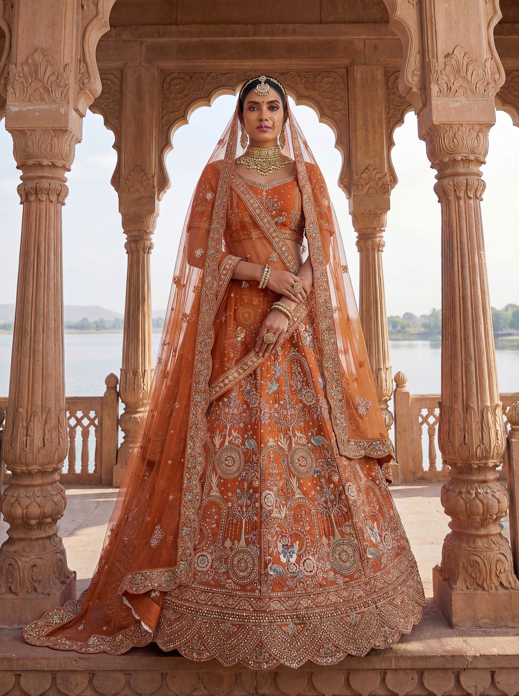 Orange Pure Soft Silk Heavy Embroidery Work Bridal Lehenga 