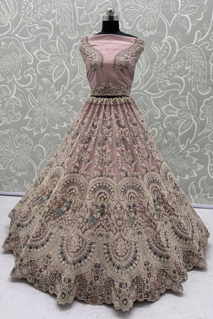 Pink Pure Heavy Net Sequins Sequins Zari Embroidery Work Net Bridal Lehenga Choli