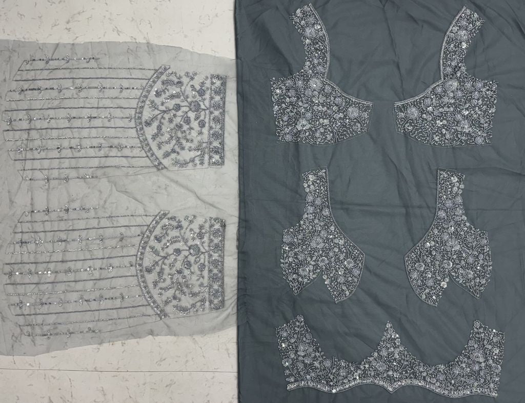 Grey Pure Heavy Net Monochrome Sequins Zari Embroidery Work Net Bridal Lehenga Choli