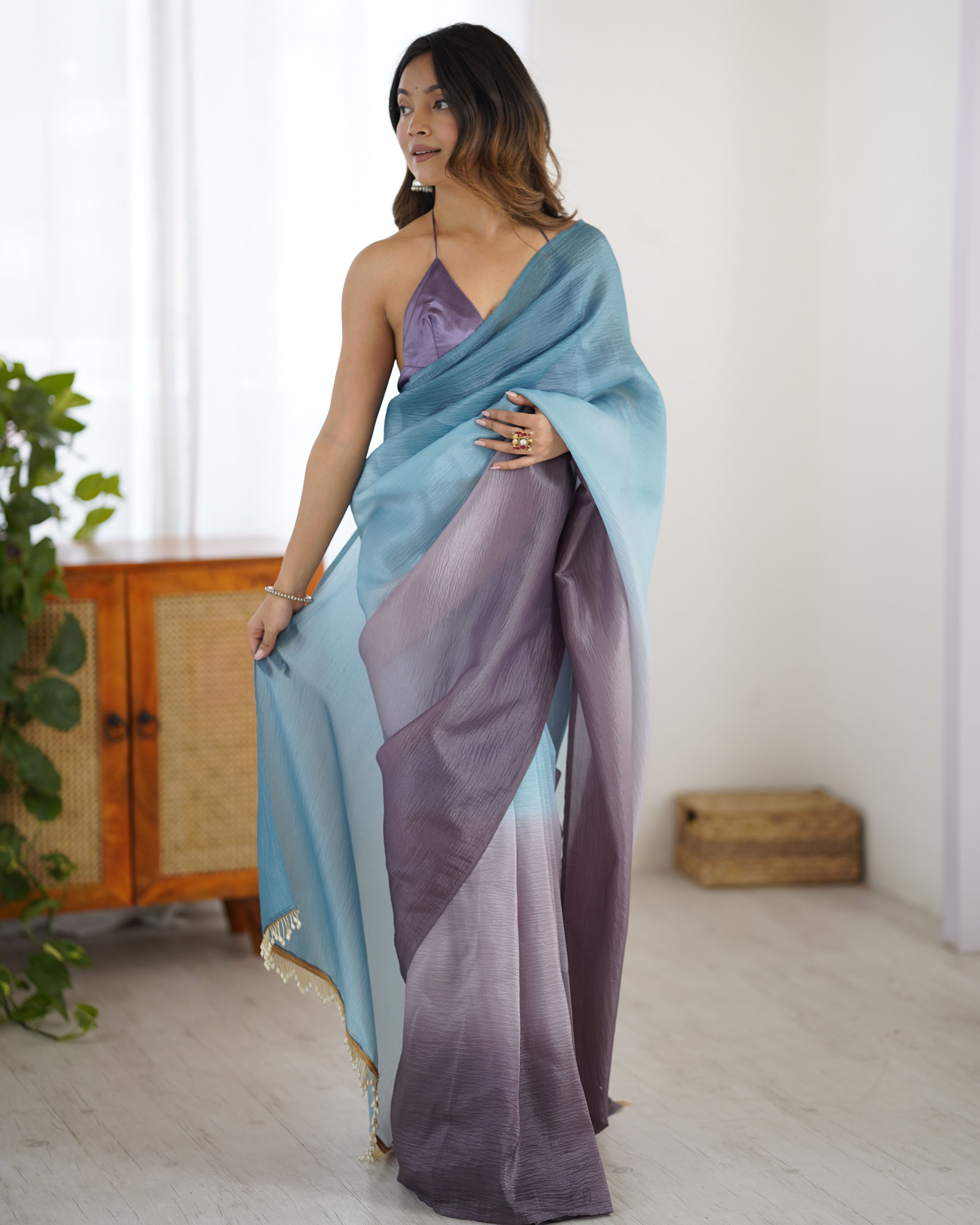 Grey shaded Pure Soft Candy Crush Silk Ready to Wear Saree ##color## Ready to Wear Saree with premium fabric and embroidery