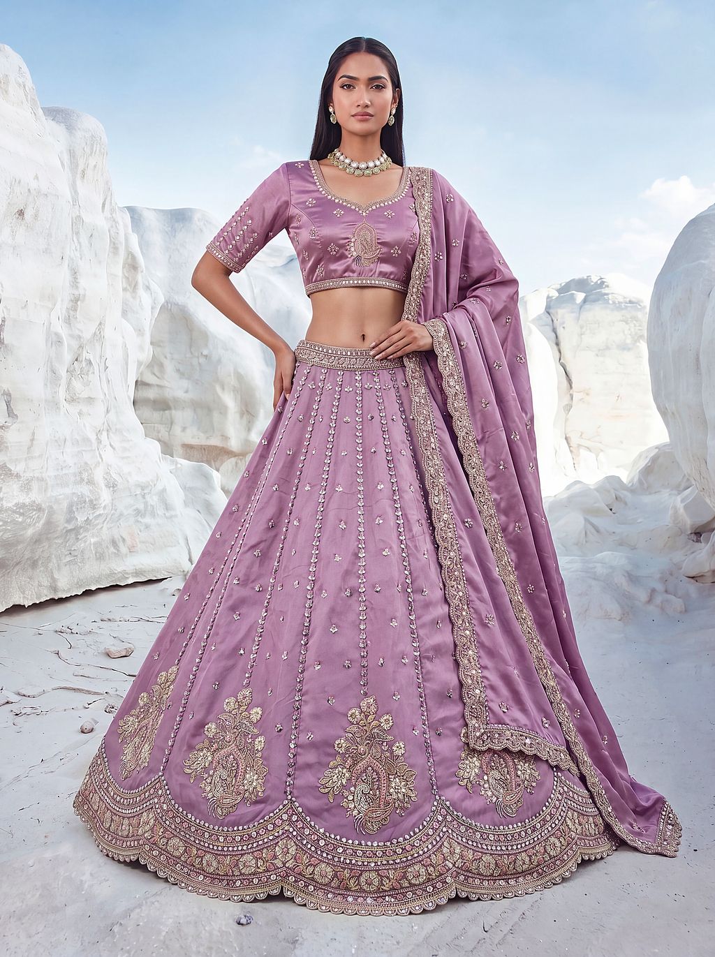 Lilac Pure Soft Silk Heavy Sequins Embellishment Work Bridal Lehenga Choli 